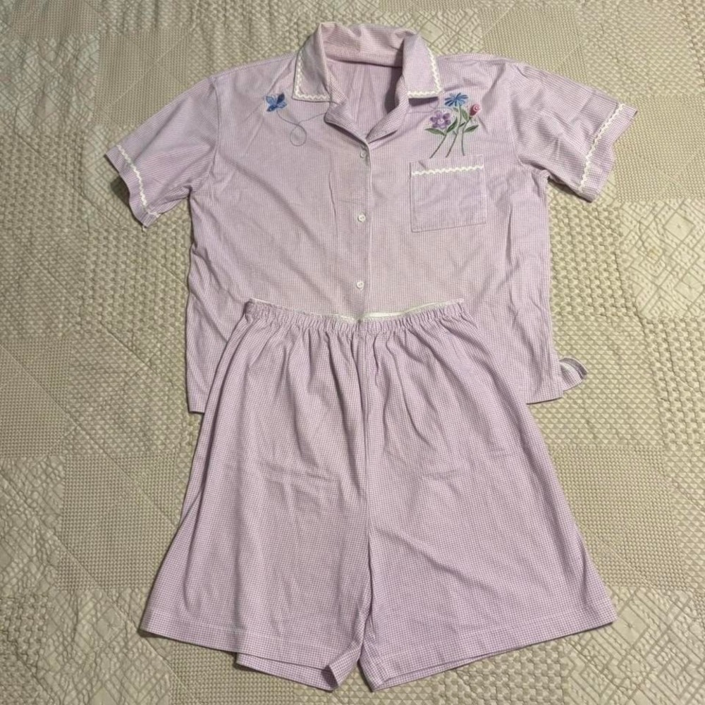 VTG Purple Gingham PJ Short Set w/ Floral Embroidery
